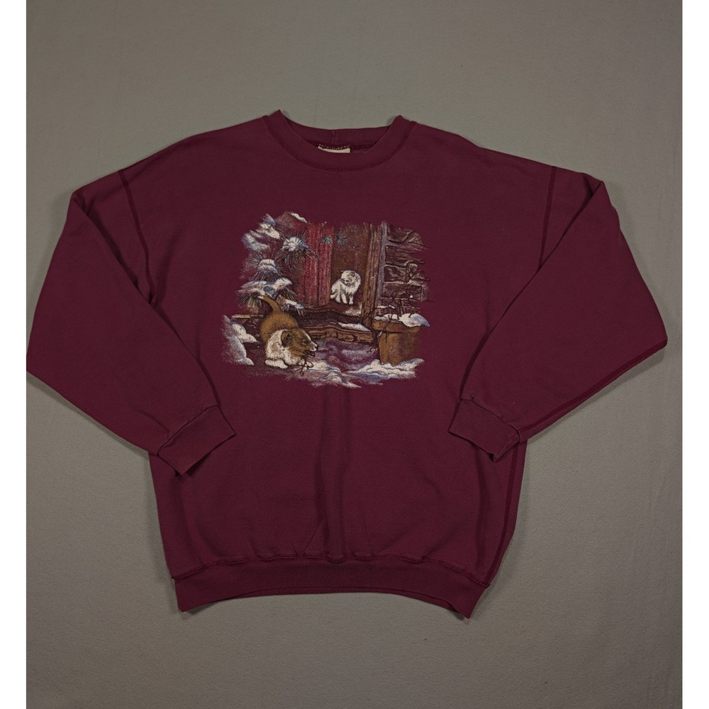 Vintage Northern Reflections Burgundy Winter Puppy Kitten Graphic Sweatshirt L